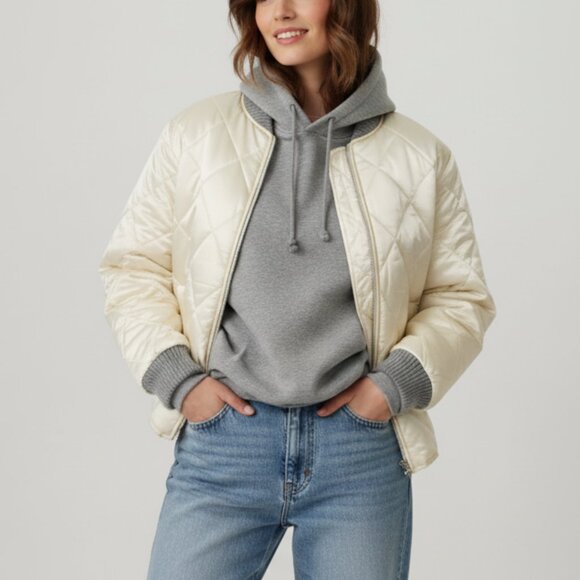 NWT Quilted Bomber Jacket Cream Satin Coat Size XL Marc New York Street Style - Picture 1 of 11